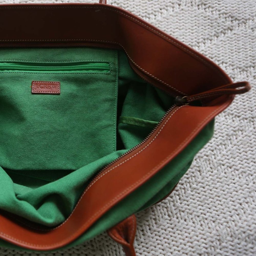 J. Crew Canvas LeatherTote Bag Green Brown EUC - Picture 10 of 11